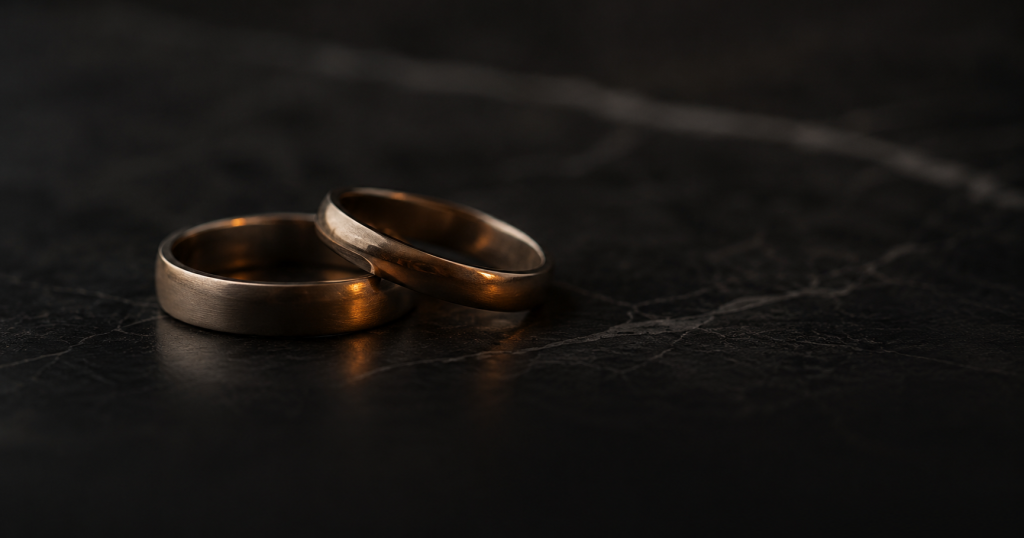 Alianças de casamento sobre superfície escura, representando a apuração de haveres no divórcio