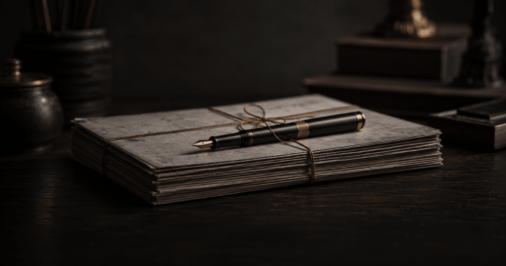 Caneta-tinteiro sobre documento fechado, representando a formalização da doação de bens em vida para os filhos